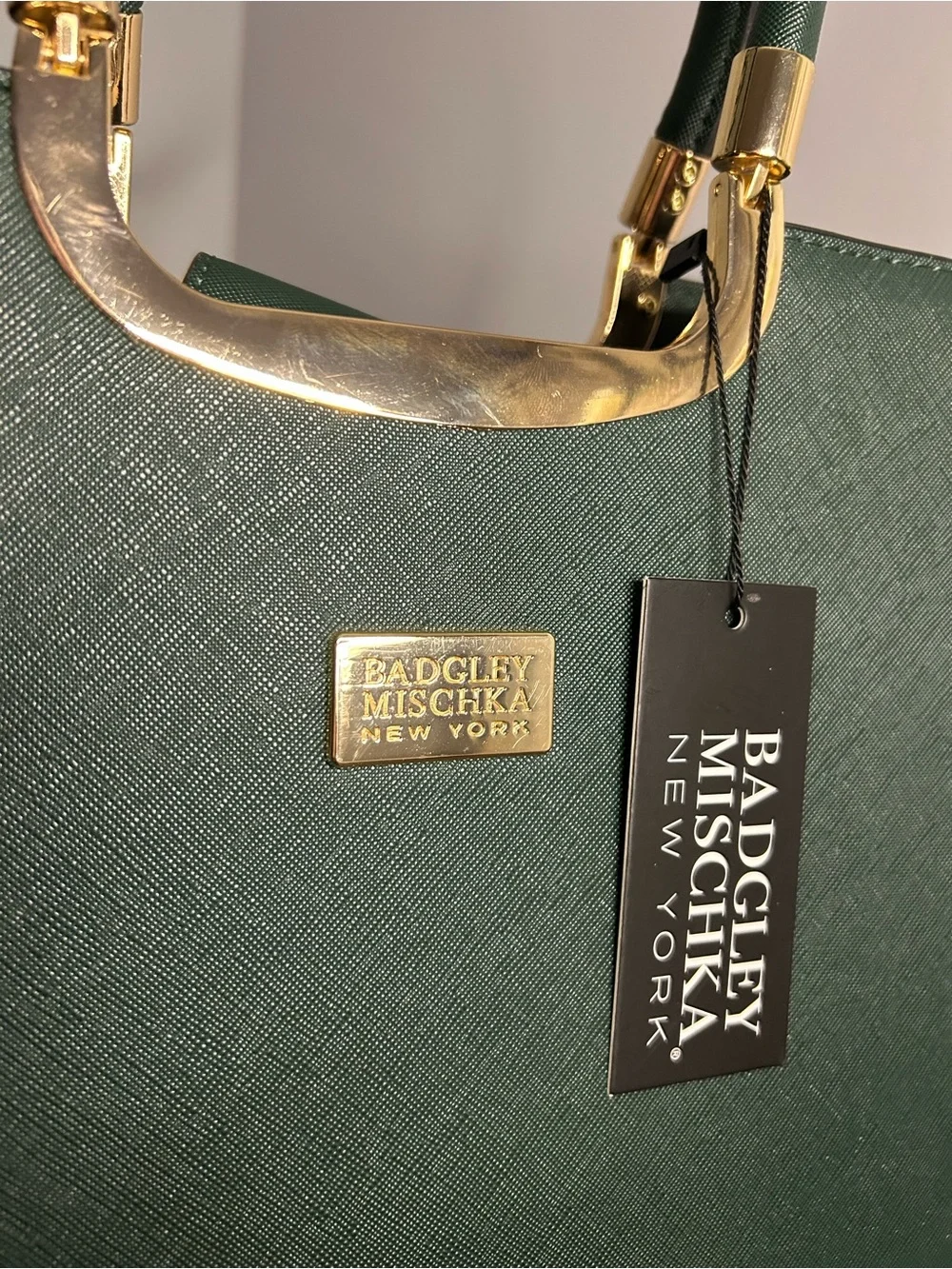 Badgley Mischka Louise NWT Dark Green Structured Top Handle Bag Gold Hardware